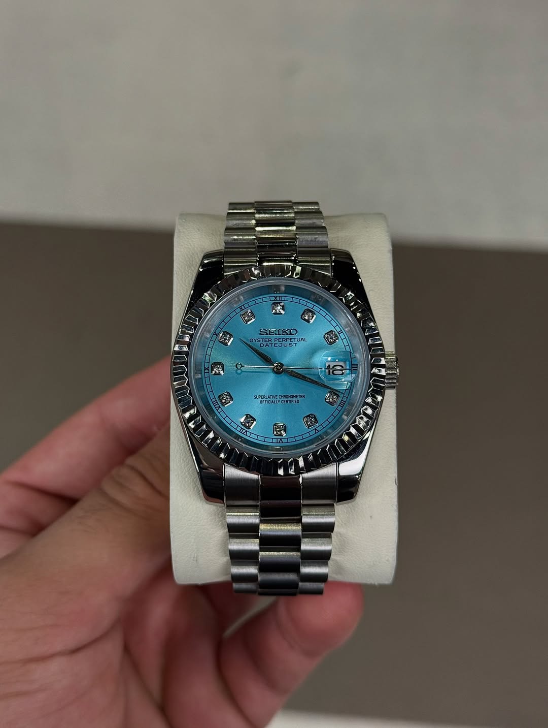 Tiffany Diamond Dial Seiko mod watch front view with detailed dial