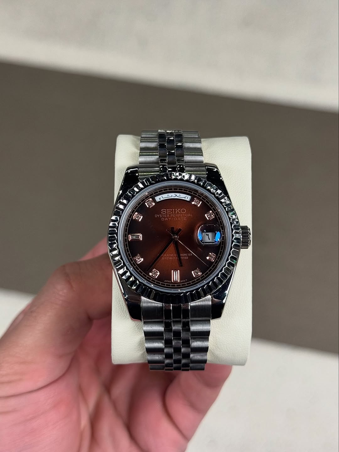 Champagne Diamond Seiko mod watch front view with detailed dial