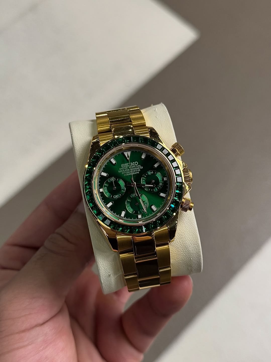 Emerald Green Chronograph Seiko mod watch on wrist with luxury design