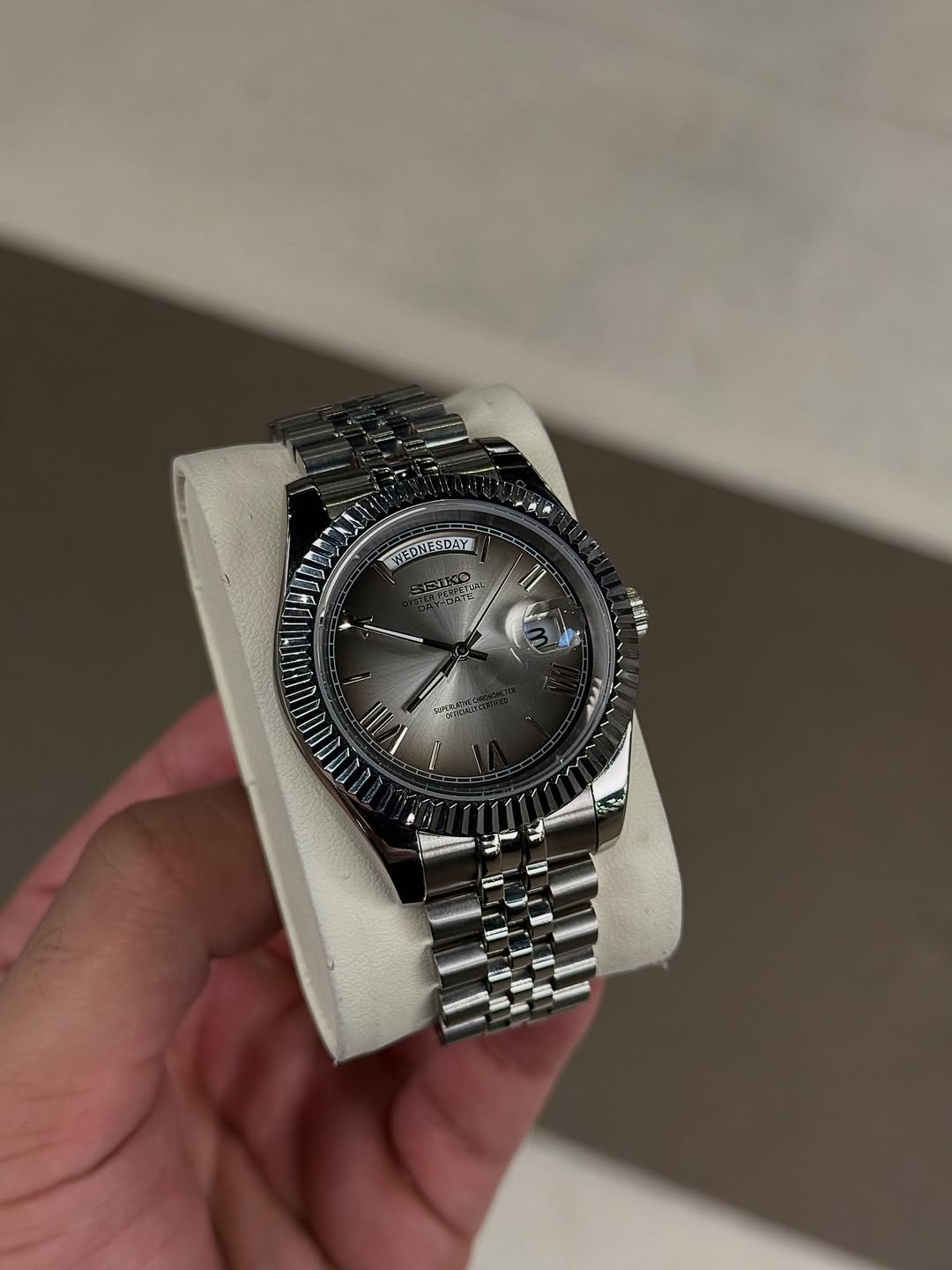 Arctic Roman Seiko mod watch close-up with case and dial details