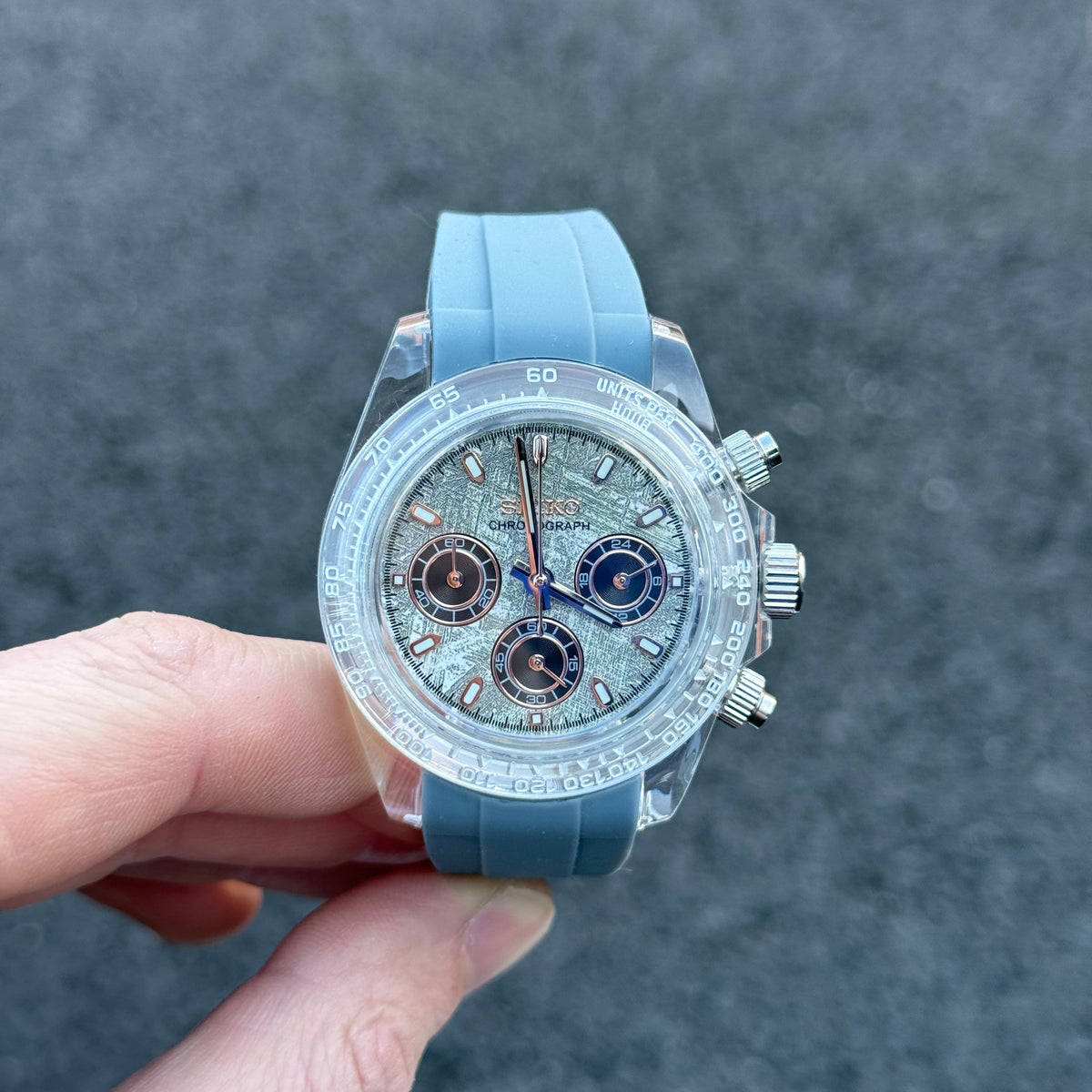 Grey Meteor Chronograph Seiko mod watch front view with detailed dial