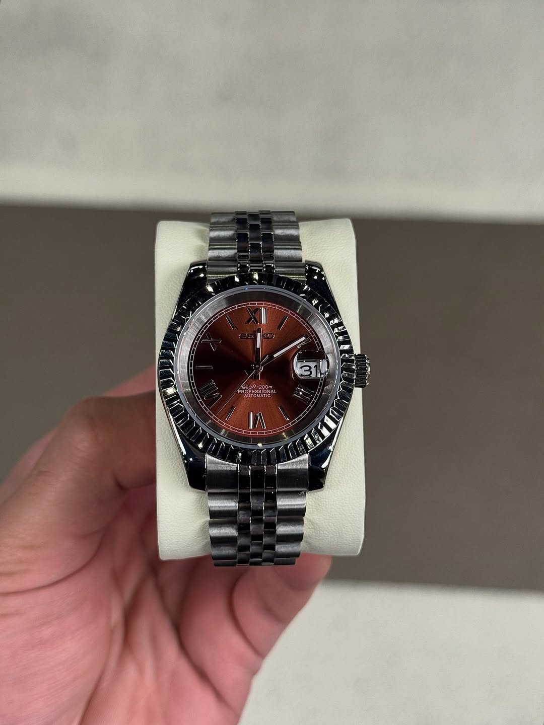 Chocolate Roman Dial Seiko mod watch front view with detailed dial