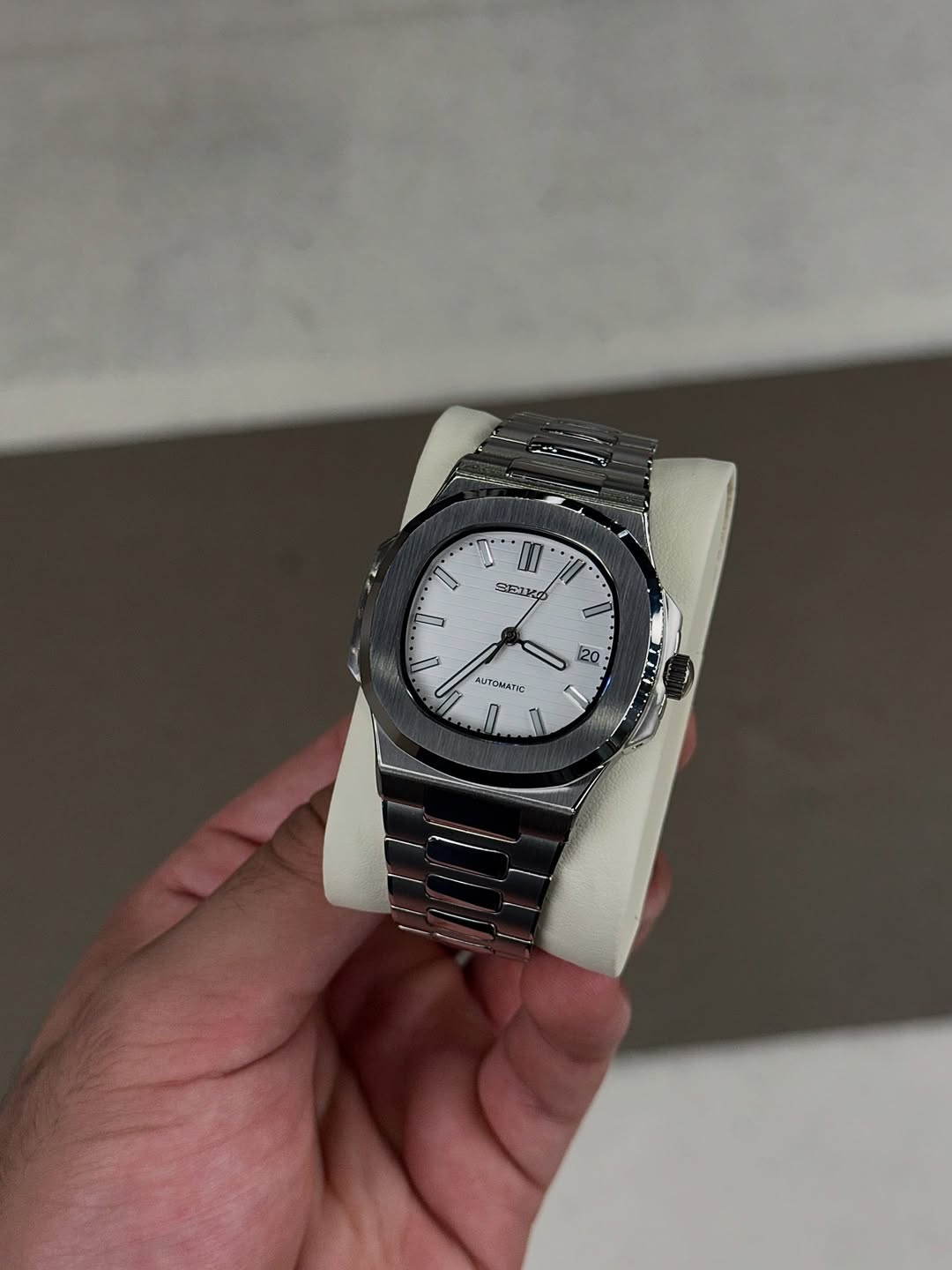 Pearl White Nautic Seiko mod watch on wrist with luxury design