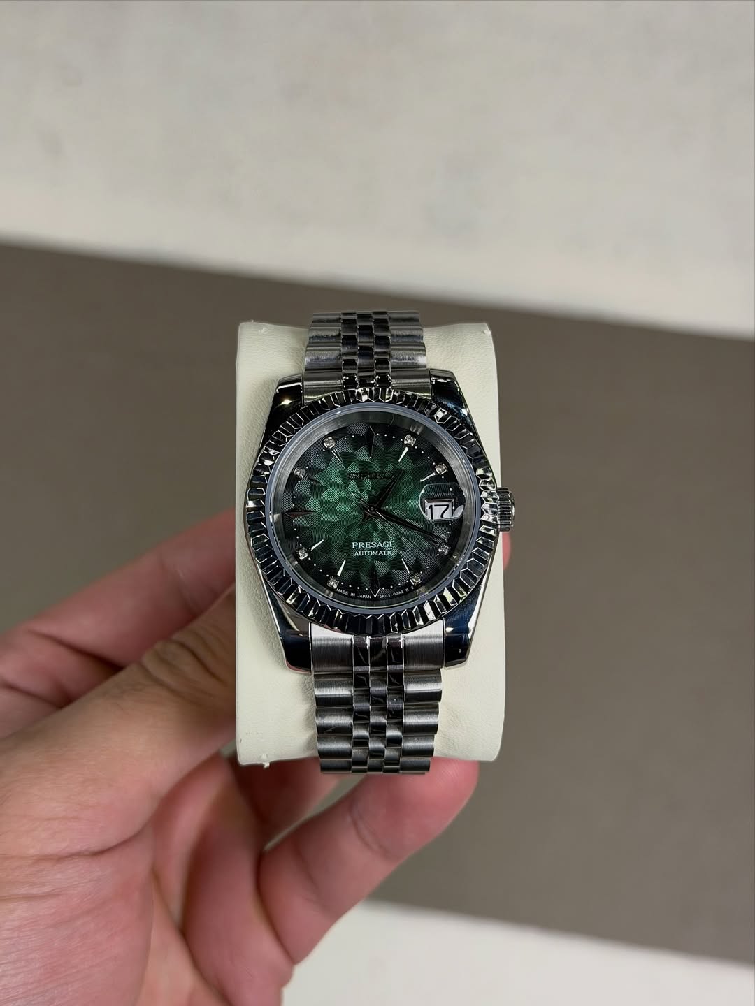 Geometric Mint Green Dial Seiko mod watch front view with detailed dial