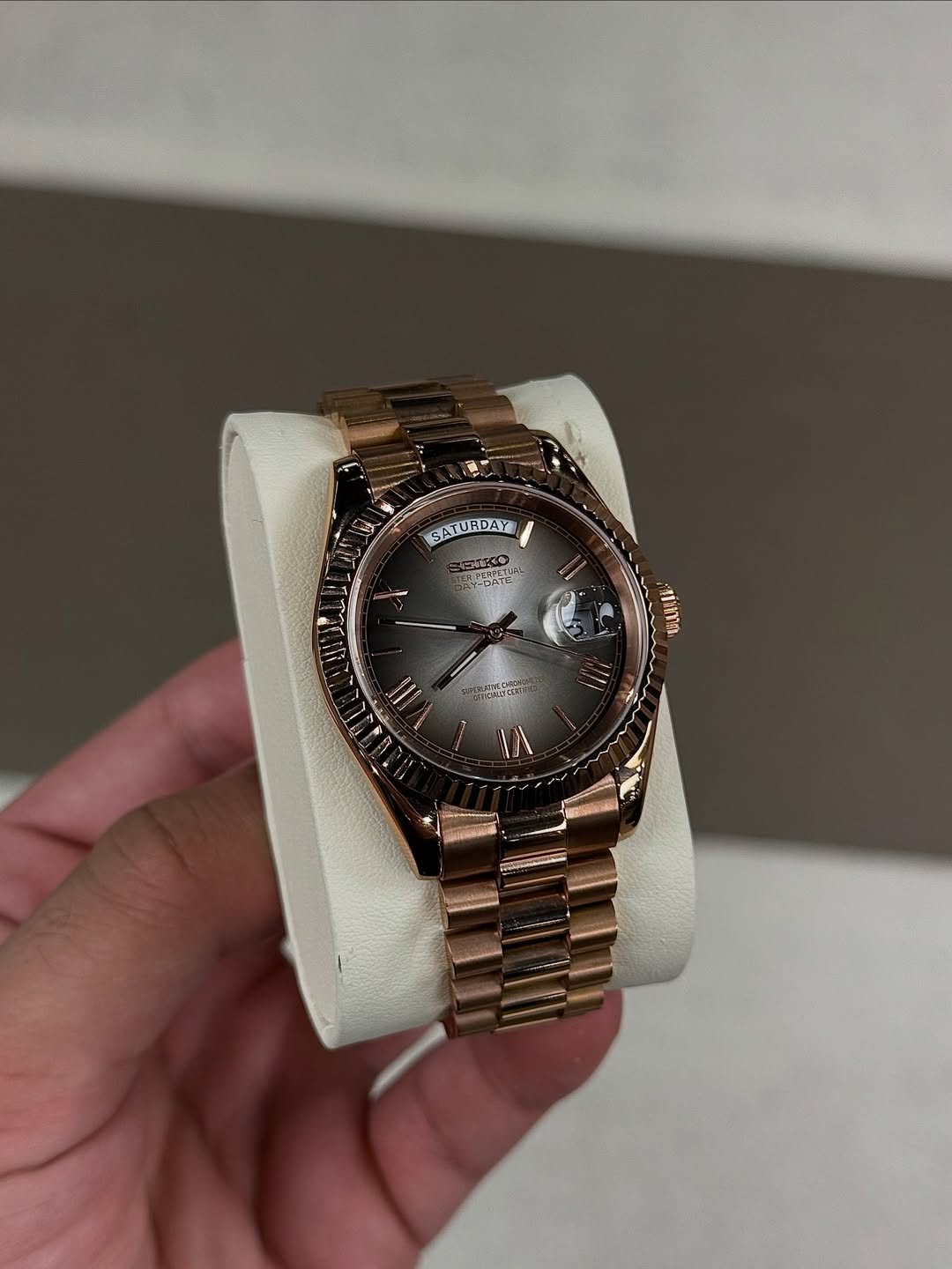 Arctic Rose Seiko mod watch close-up with case and dial details