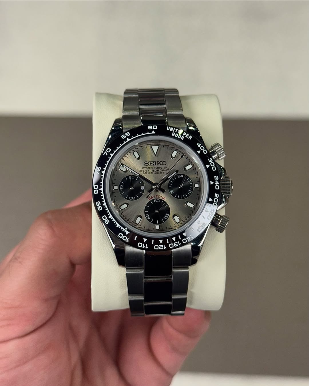 Satin Grey Racer Chronograph Seiko mod watch front view with detailed dial