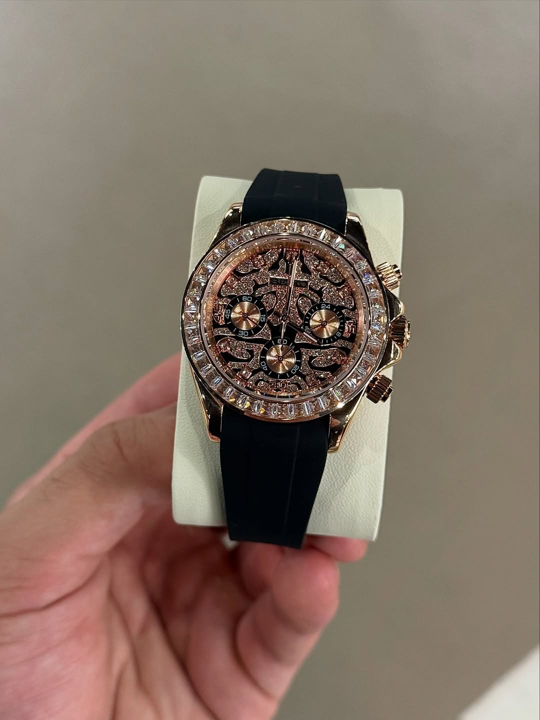 Tiger Rose Gold Diamond Chronograph Seiko mod watch on wrist with luxury design