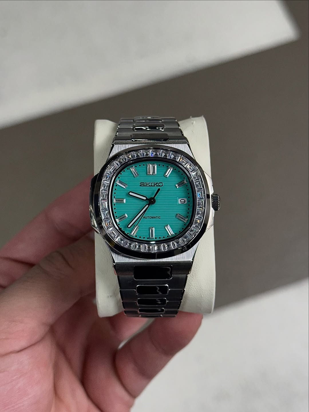 Tiffany Baguette Seiko mod watch front view with detailed dial