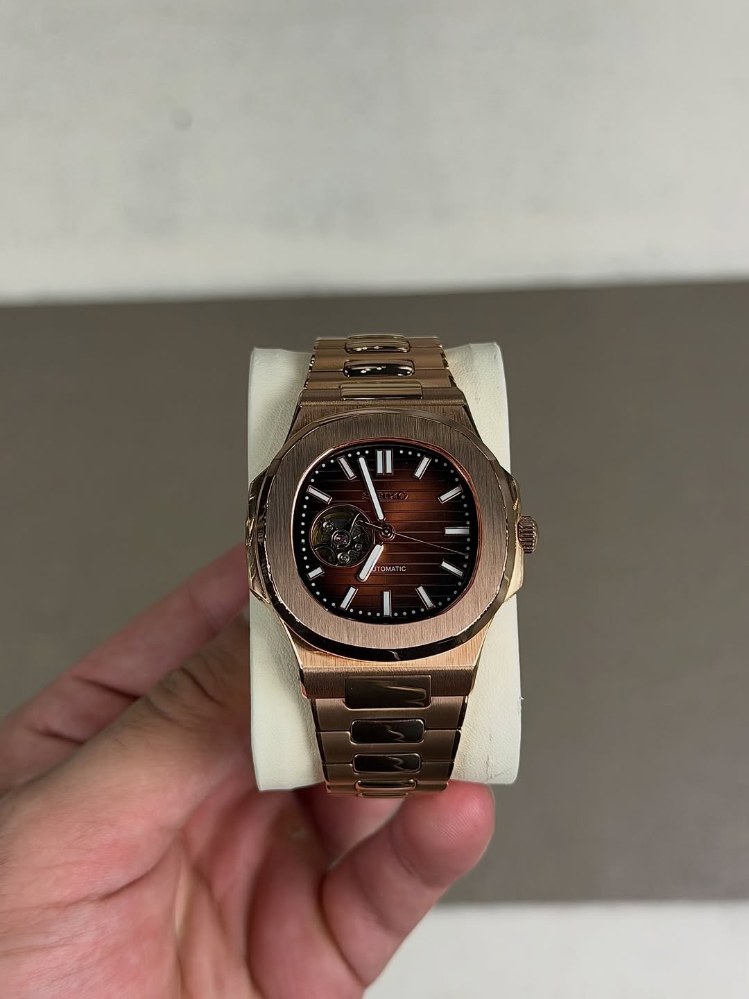Rose Gold Open Heart Seiko mod watch front view with detailed dial
