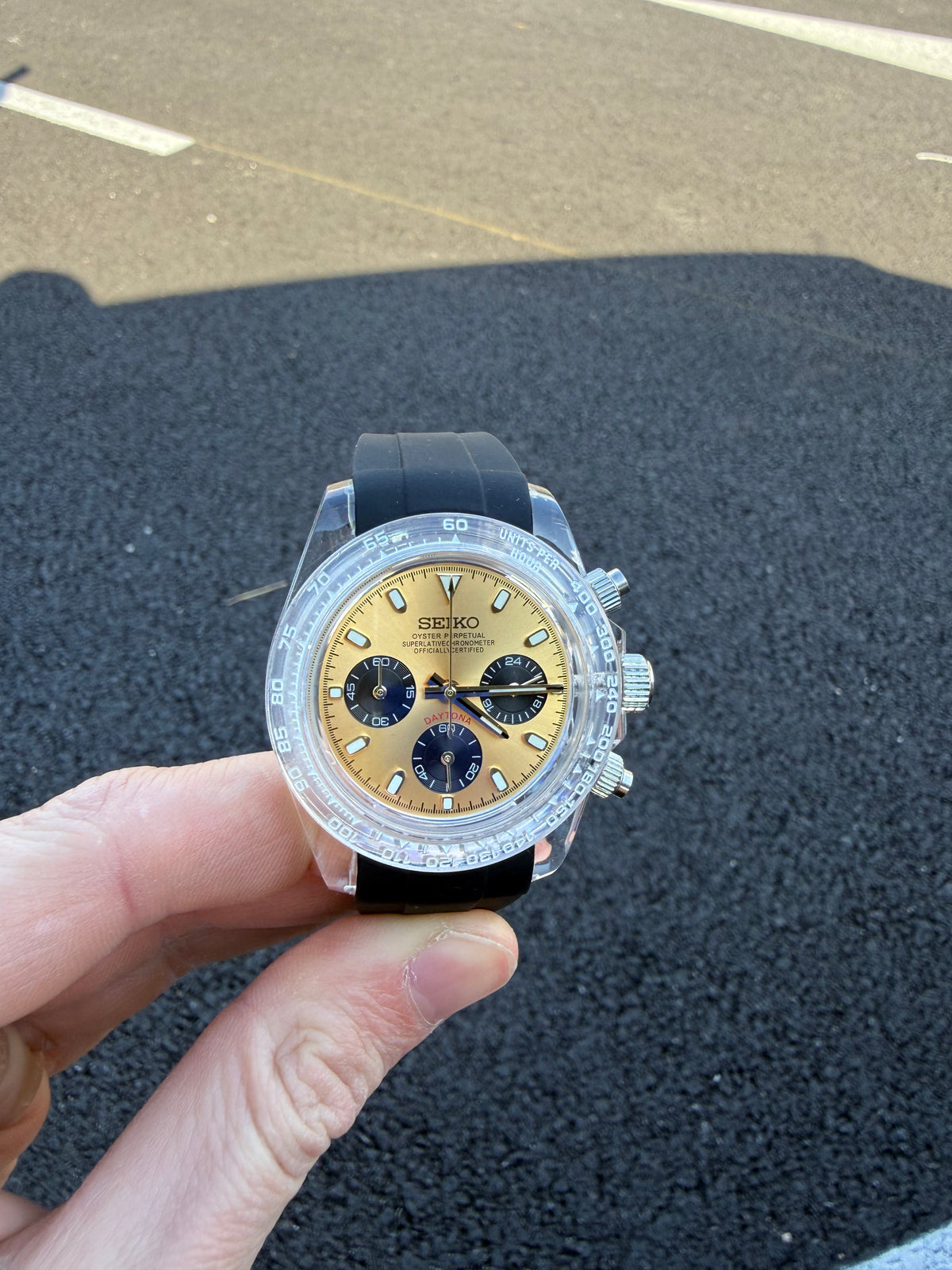 Yellow Chronograph Seiko mod watch front view with detailed dial