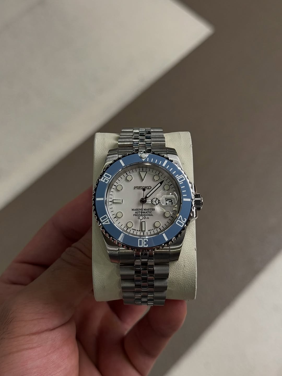 Safari Gmt Seiko mod watch front view with detailed dial