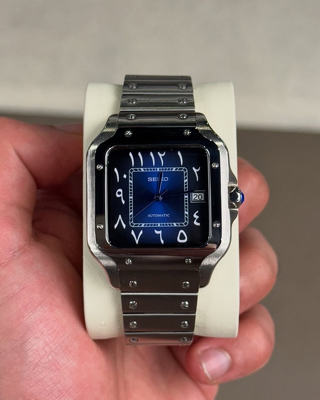 Blue Arabic Seiko mod watch front view with detailed dial