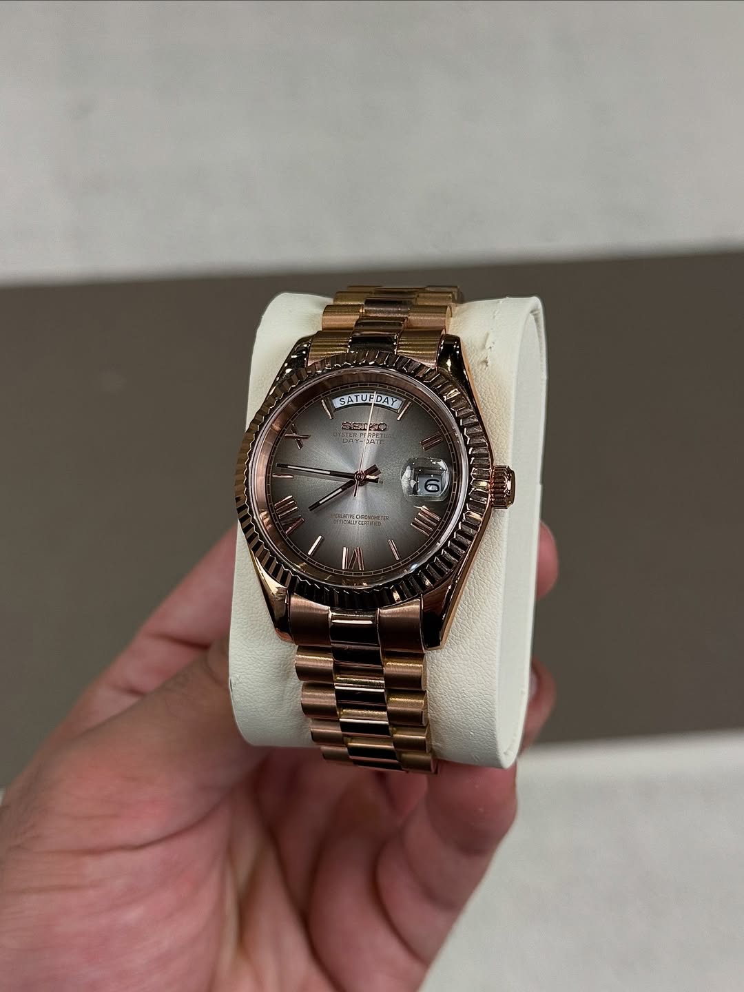 Arctic Rose Seiko mod watch on wrist with luxury design