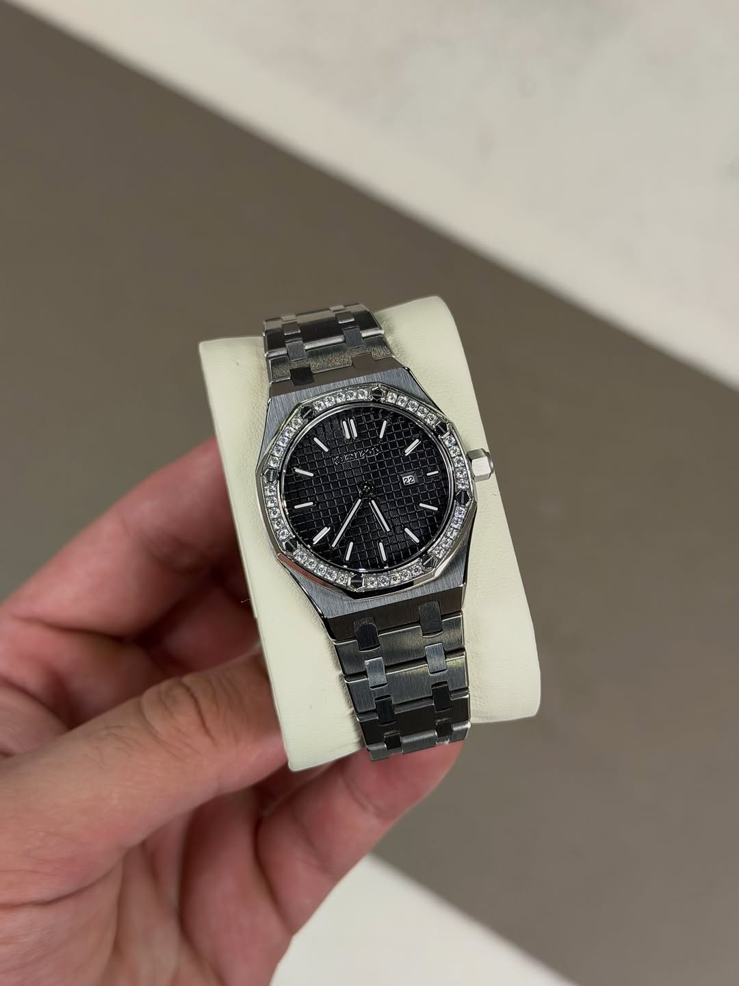 Octagonal Signature Diamond Dial Seiko mod watch close-up with case and dial details