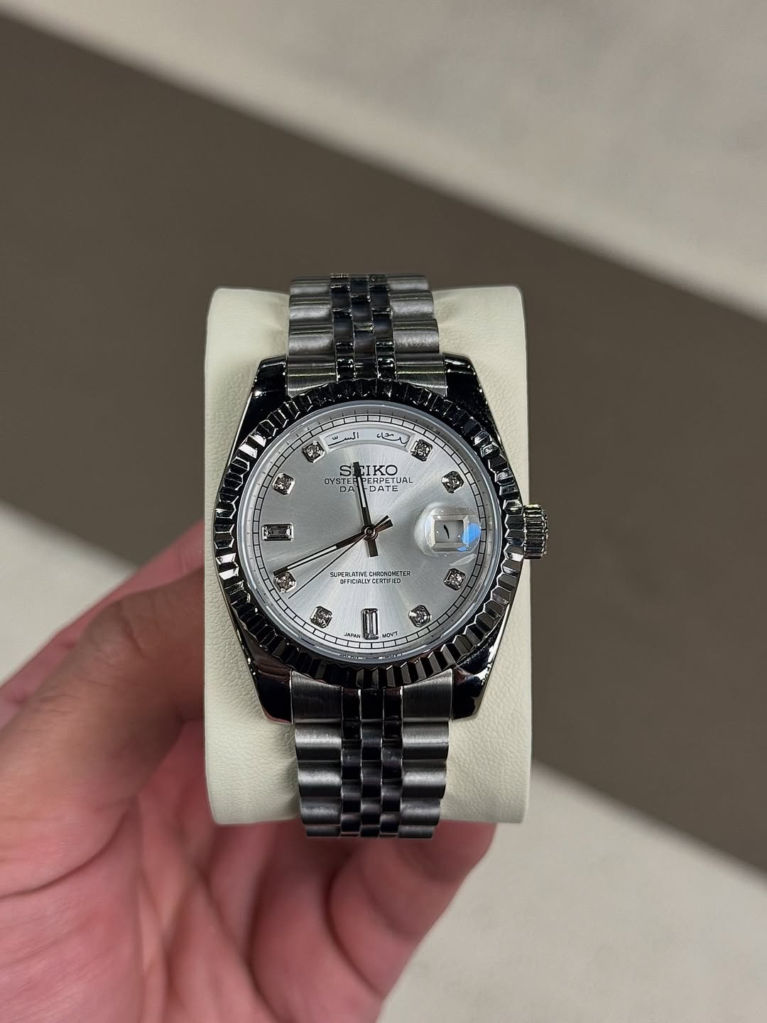 Pearl White Diamond Seiko mod watch front view with detailed dial