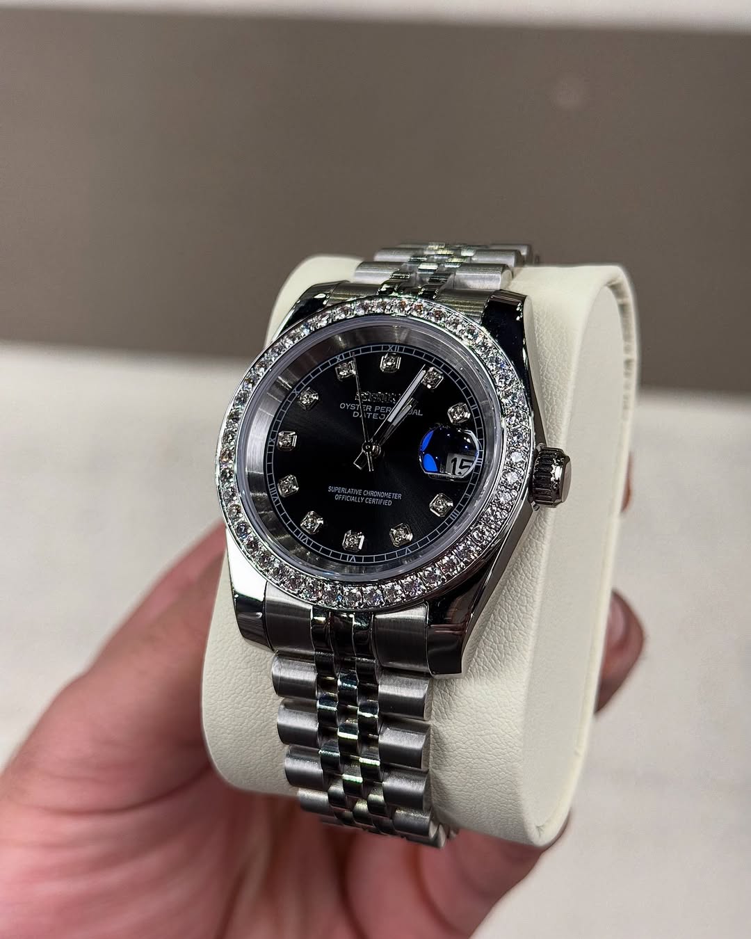 Black Diamond Dial Seiko mod watch on wrist with luxury design