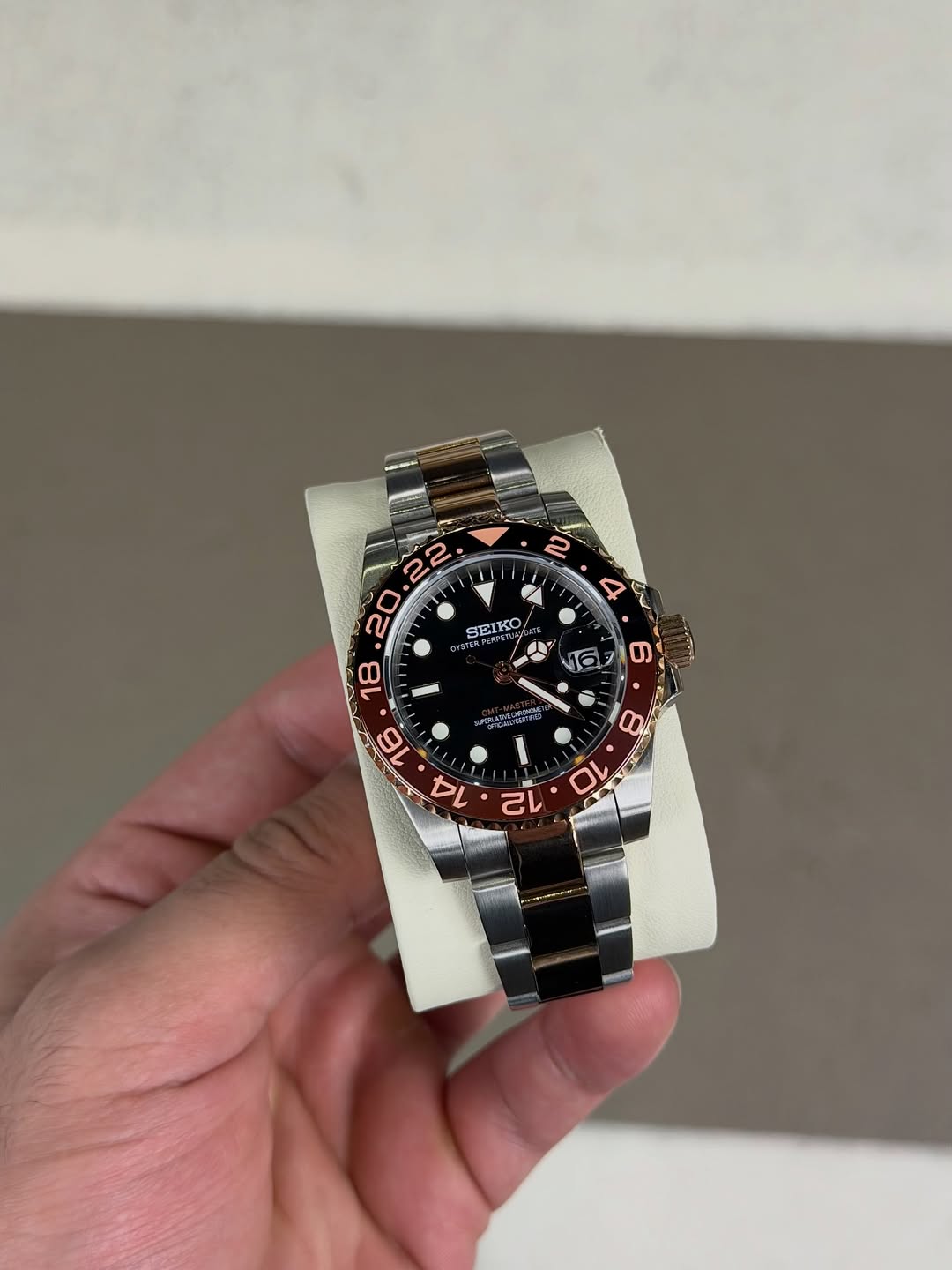 Rose Timelord Gmt Seiko mod watch on wrist with luxury design