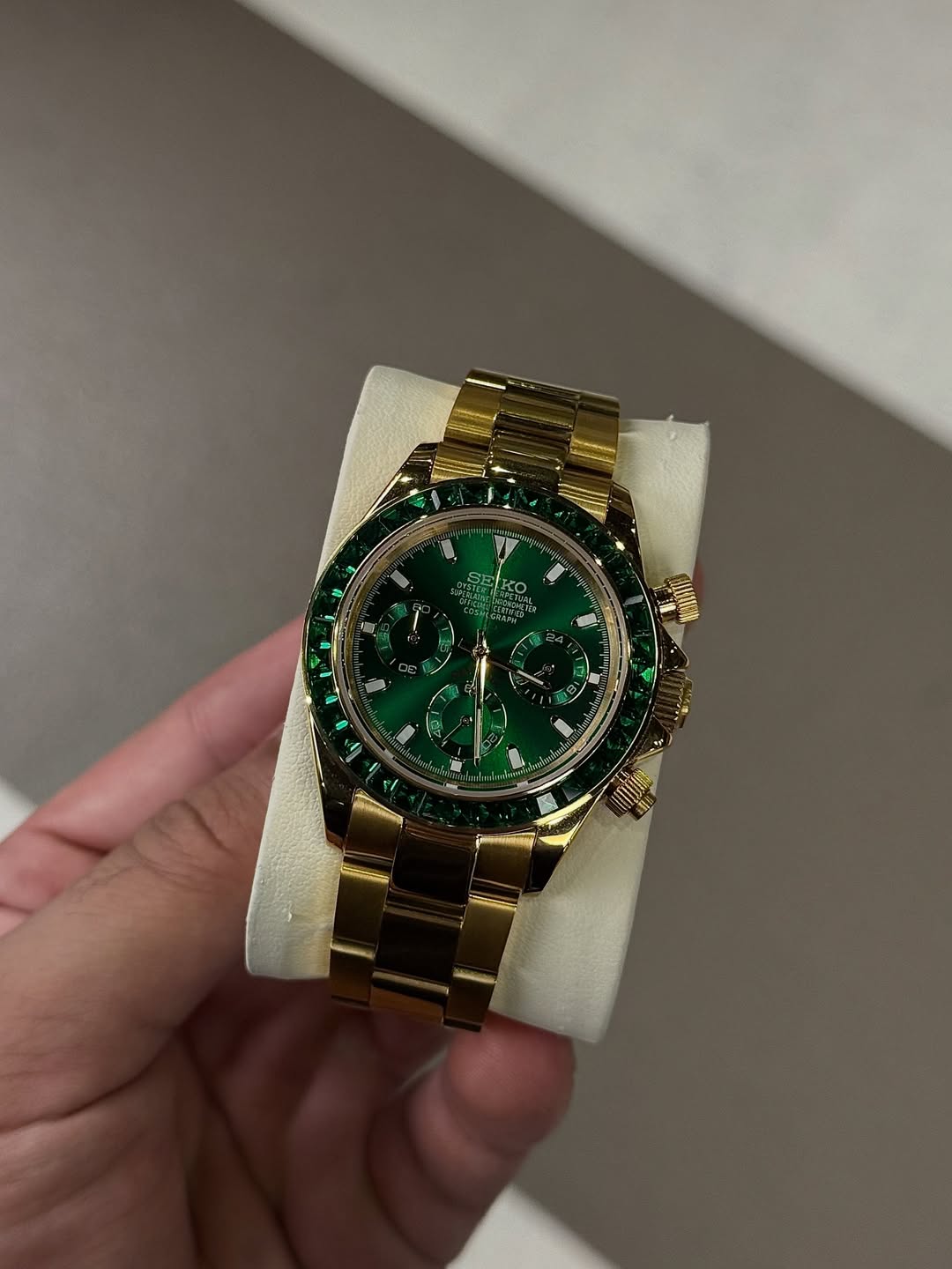 Emerald Green Chronograph Seiko mod watch close-up with case and dial details