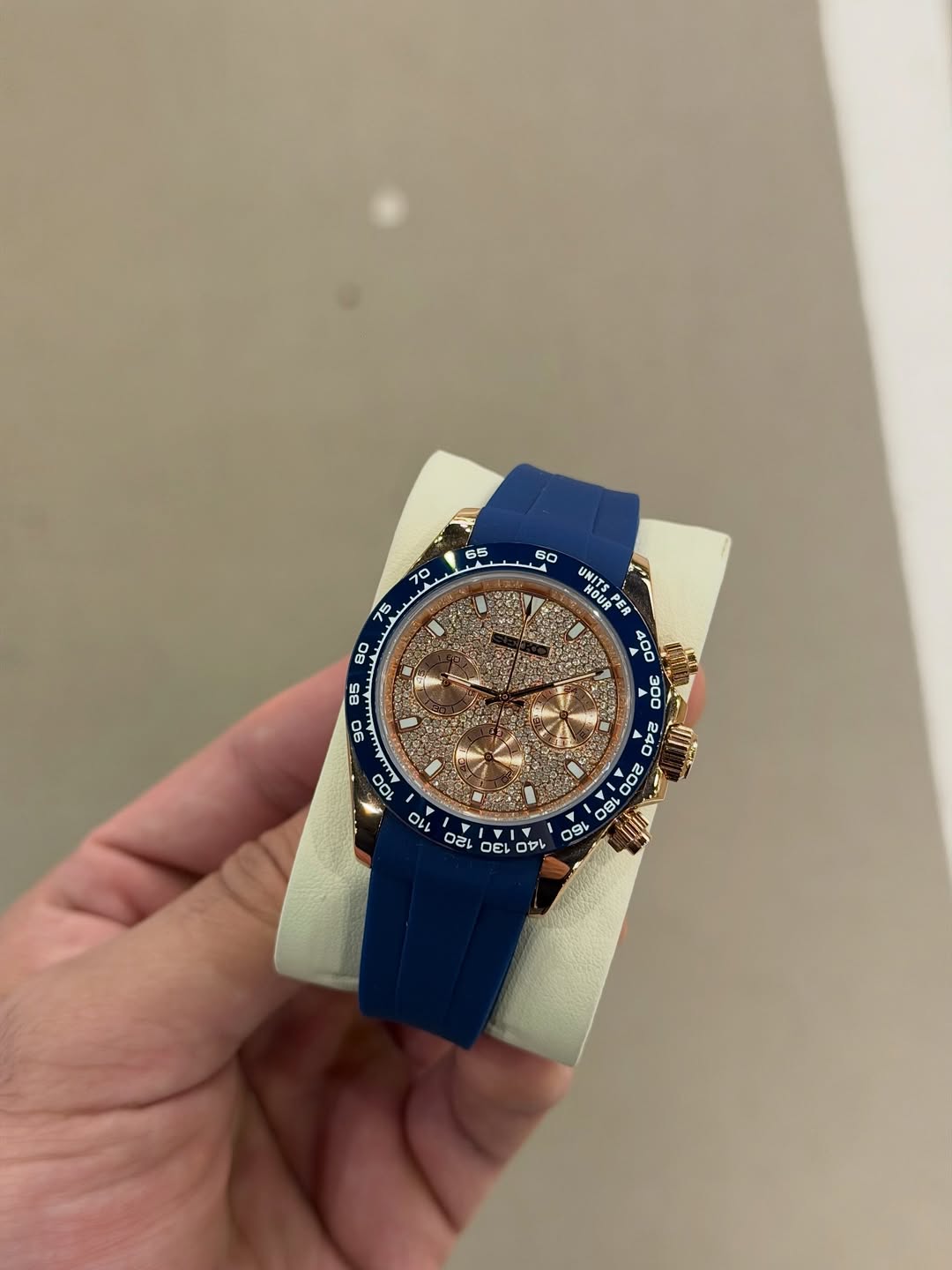 Dark Blue Chronograph Flex Seiko mod watch close-up with case and dial details