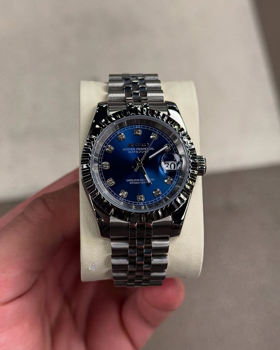 Blue Diamond Dial Seiko mod watch front view with detailed dial