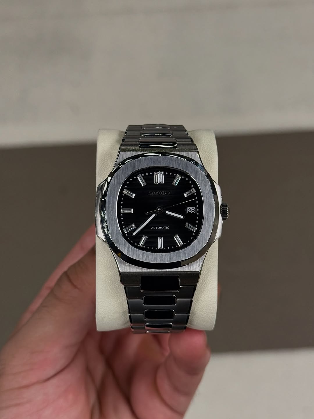 Black Night Seiko mod watch front view with detailed dial