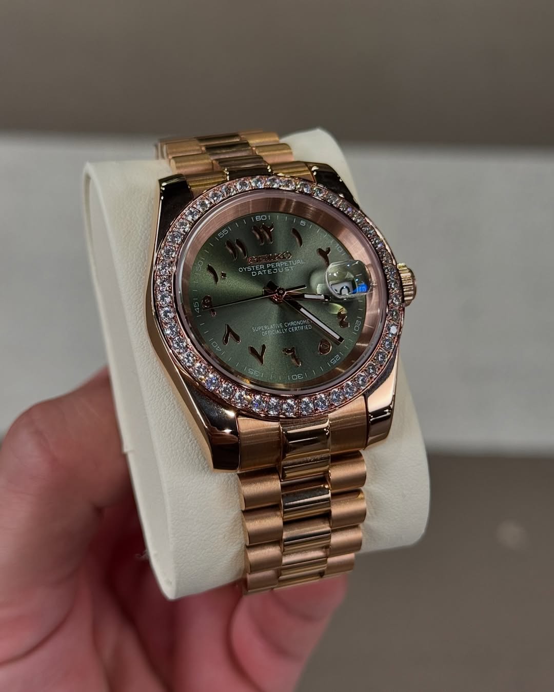 Olive Arabic Dial Seiko mod watch close-up with case and dial details