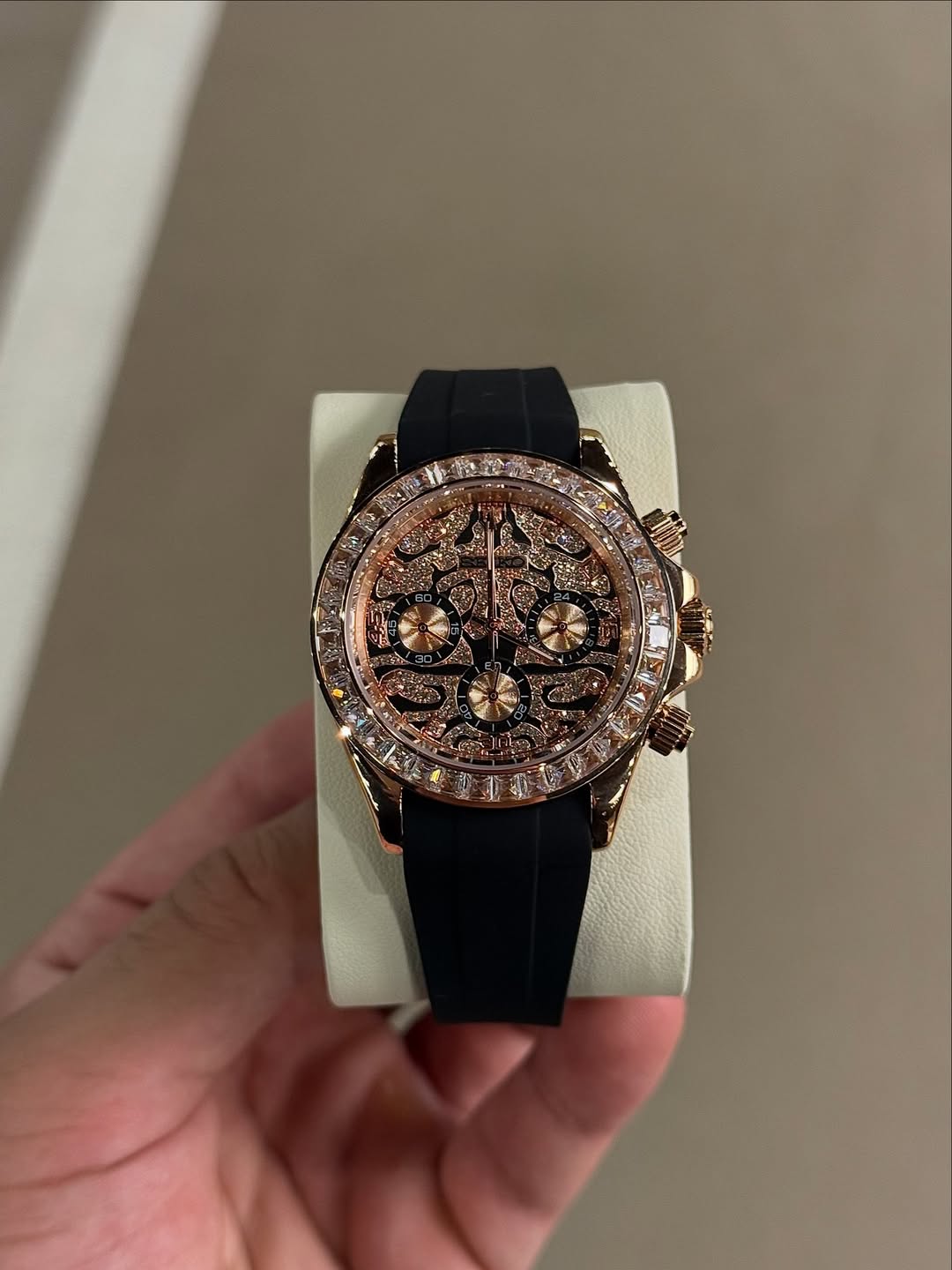 Tiger Rose Gold Diamond Chronograph Seiko mod watch front view with detailed dial
