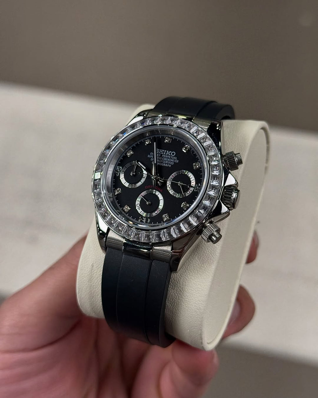 Diamond Flex Chronograph Seiko mod watch close-up with case and dial details