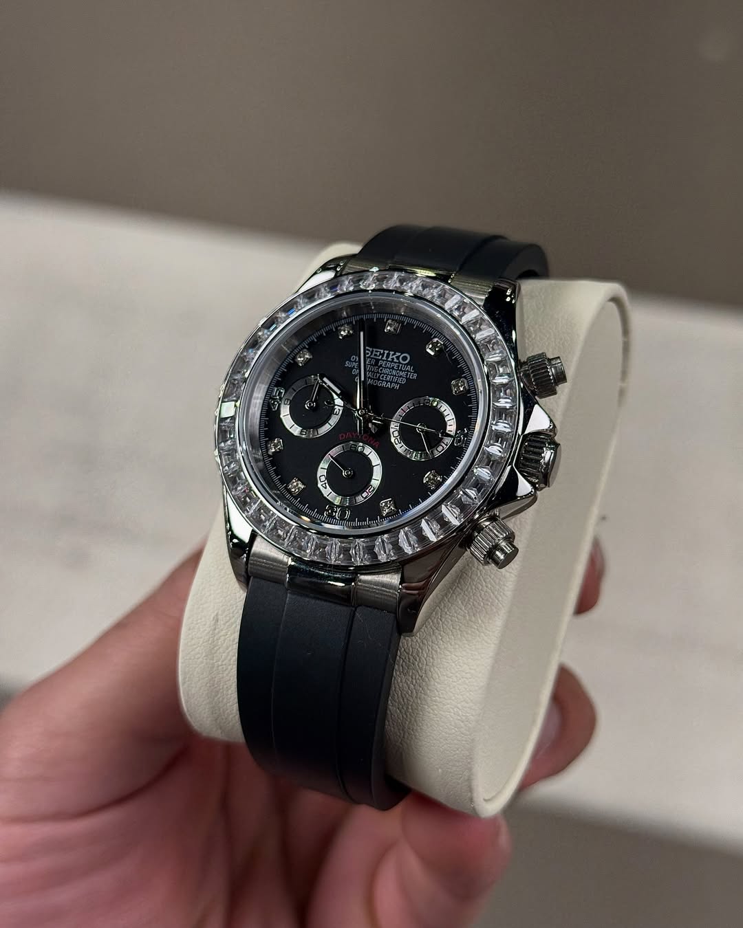 Diamond Flex Chronograph Seiko mod watch close-up with case and dial details