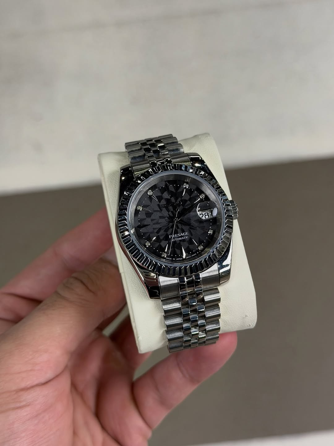 Geometric Majesty Dial Seiko mod watch close-up with case and dial details