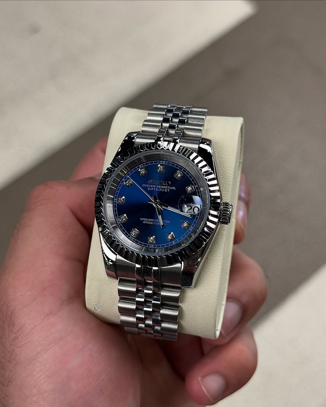 Blue Diamond Dial Seiko mod watch on wrist with luxury design