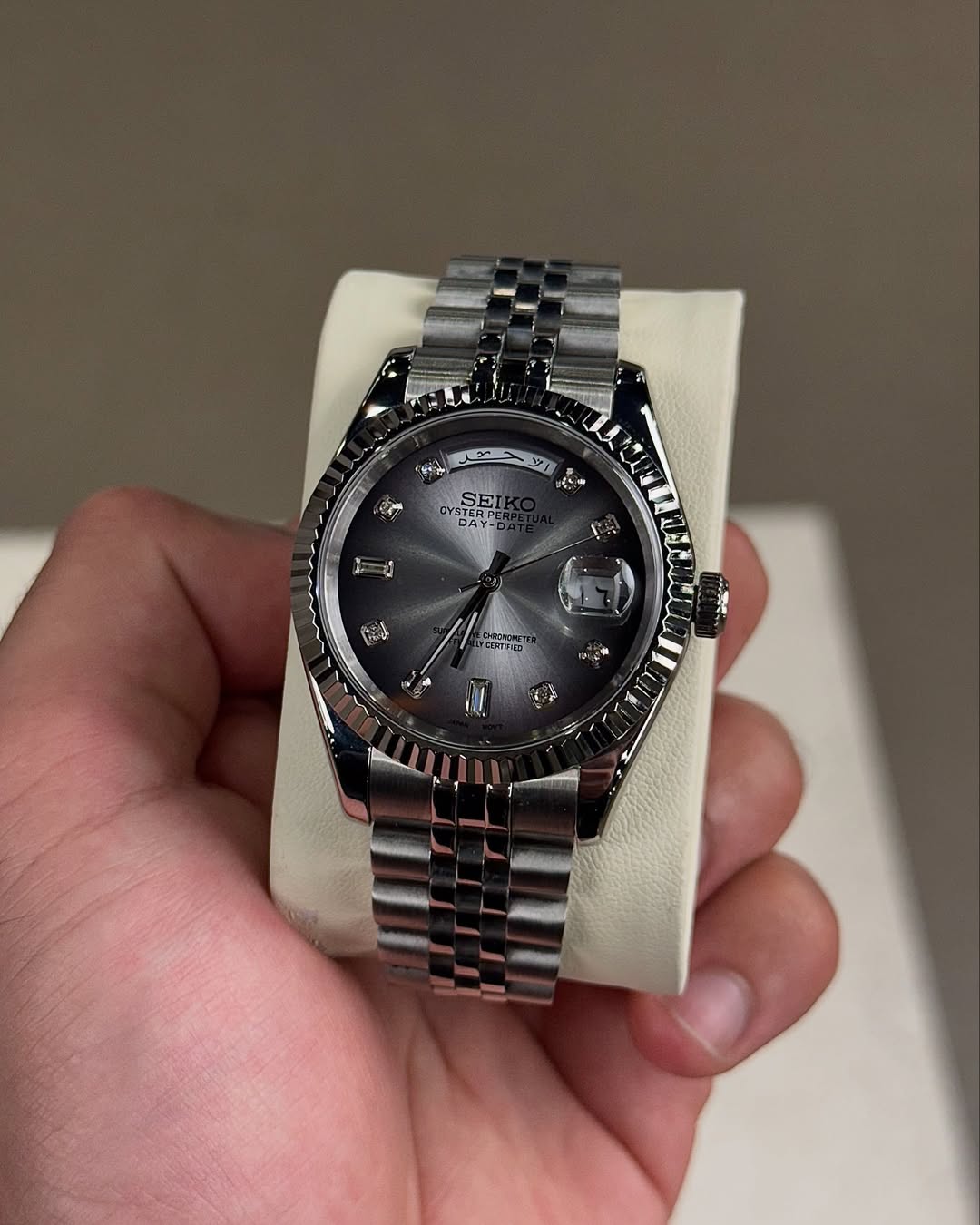 Arctic Glaze Seiko mod watch close-up with case and dial details