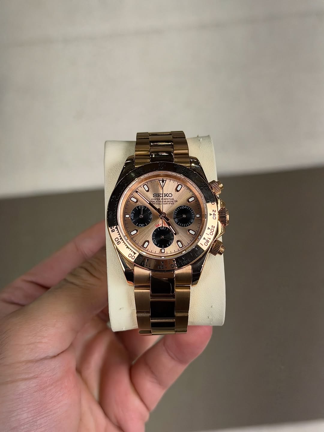 Rose Gold Roman Chronograph Seiko mod watch front view with detailed dial