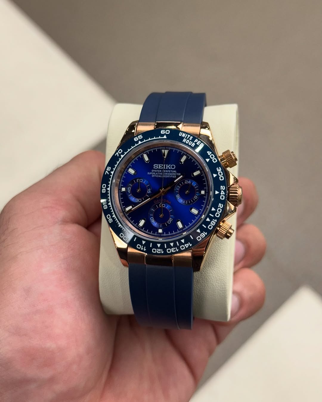 Deep Sea Rose Chronograph Seiko mod watch close-up with case and dial details