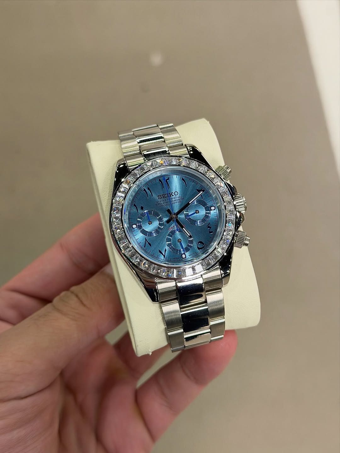 Ice Blue Diamond Chronograph Seiko mod watch on wrist with luxury design