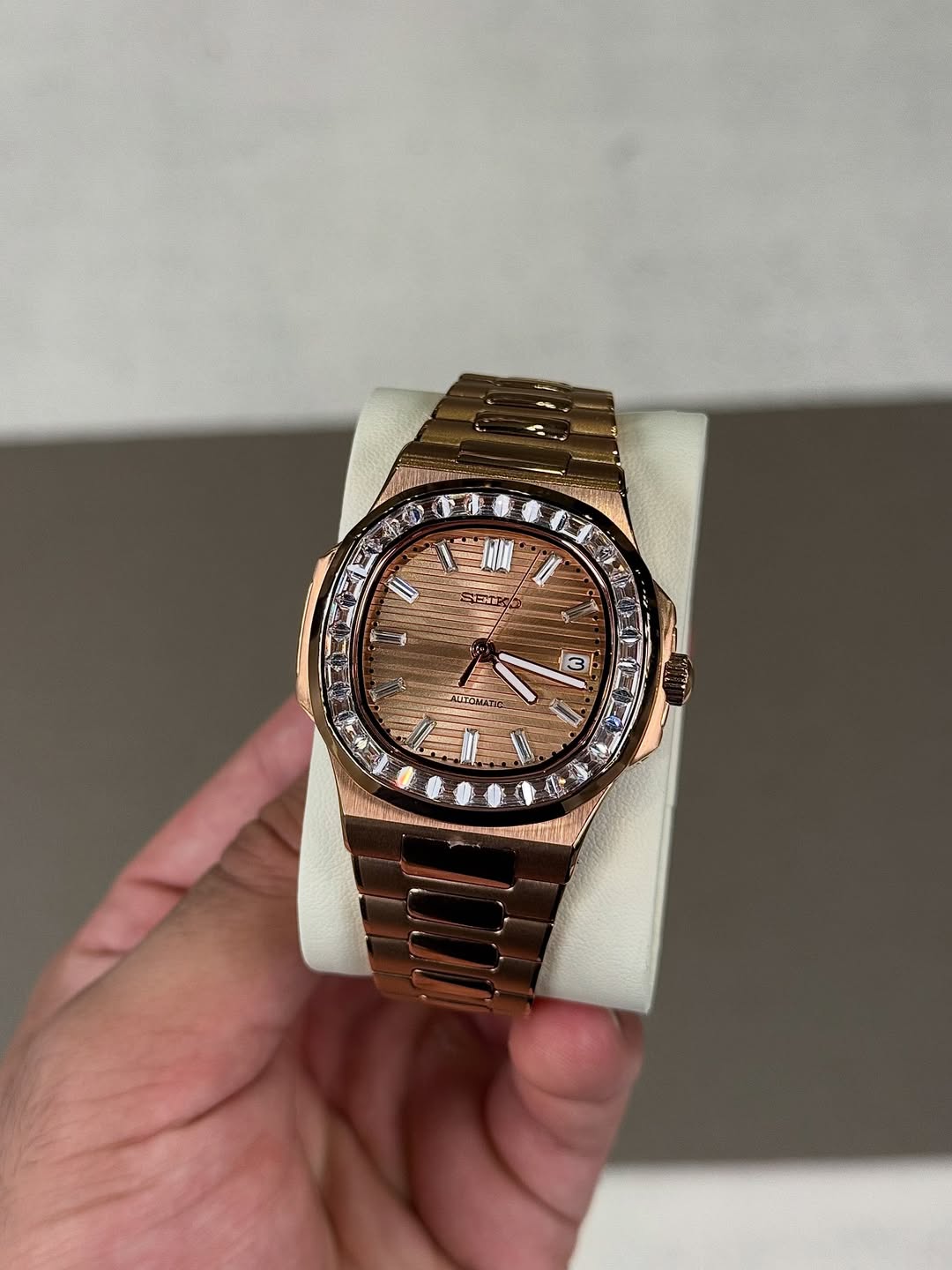 Diamond Rose Seiko mod watch close-up with case and dial details