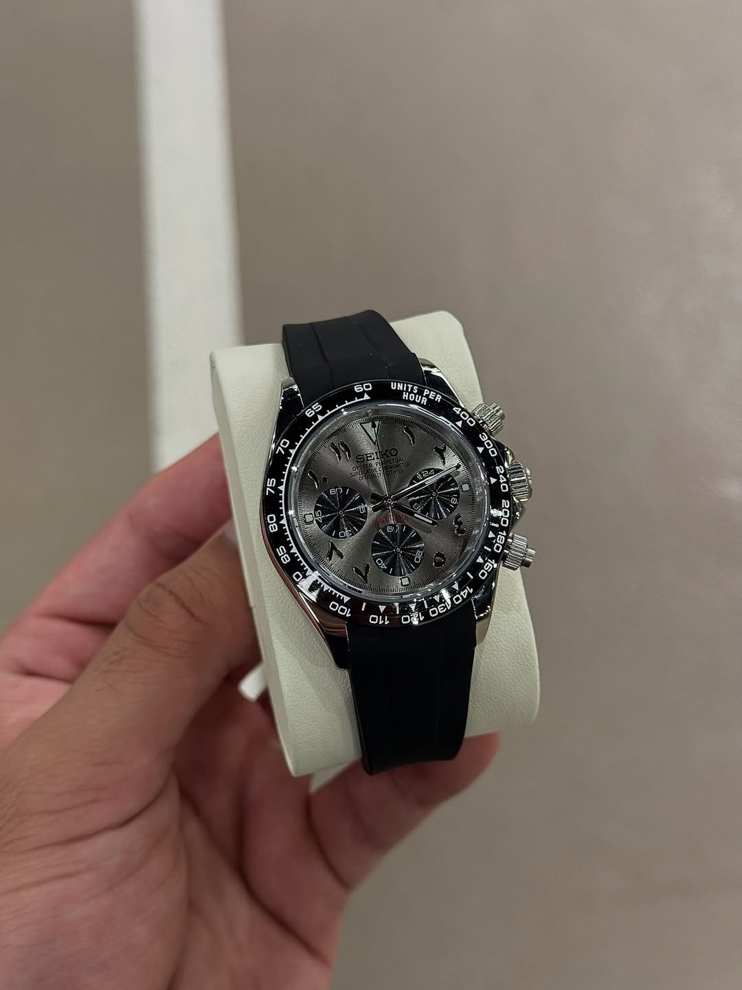 Metallic Grey Chronograph Seiko mod watch close-up with case and dial details