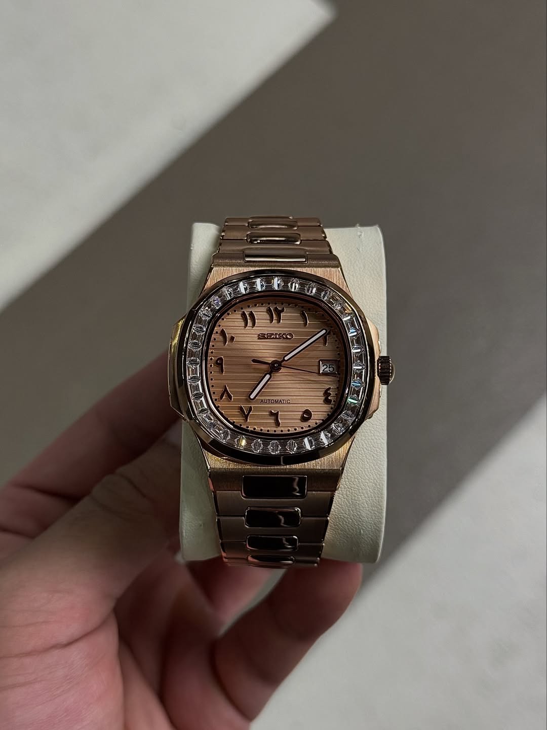 Diamond Rose Arabic Seiko mod watch front view with detailed dial