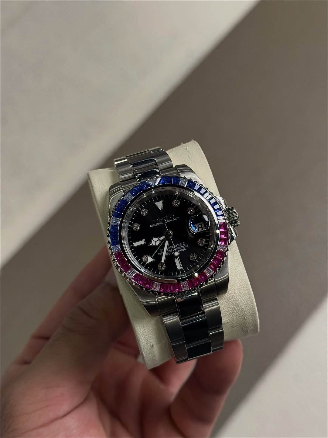 Infinity Majestic Gmt Seiko mod watch close-up with case and dial details