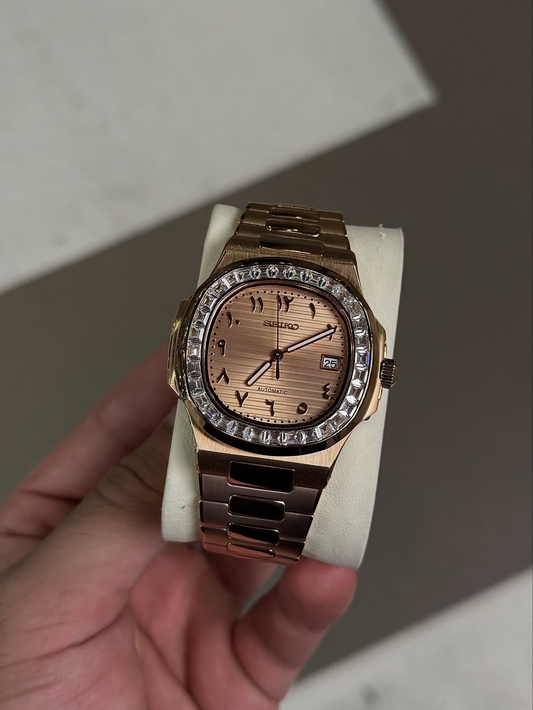 Diamond Rose Arabic Seiko mod watch close-up with case and dial details