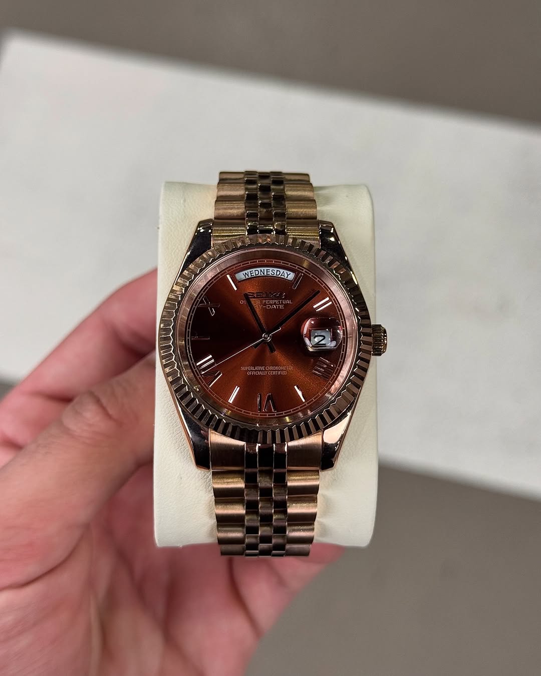 Chocolate Roman Seiko mod watch front view with detailed dial