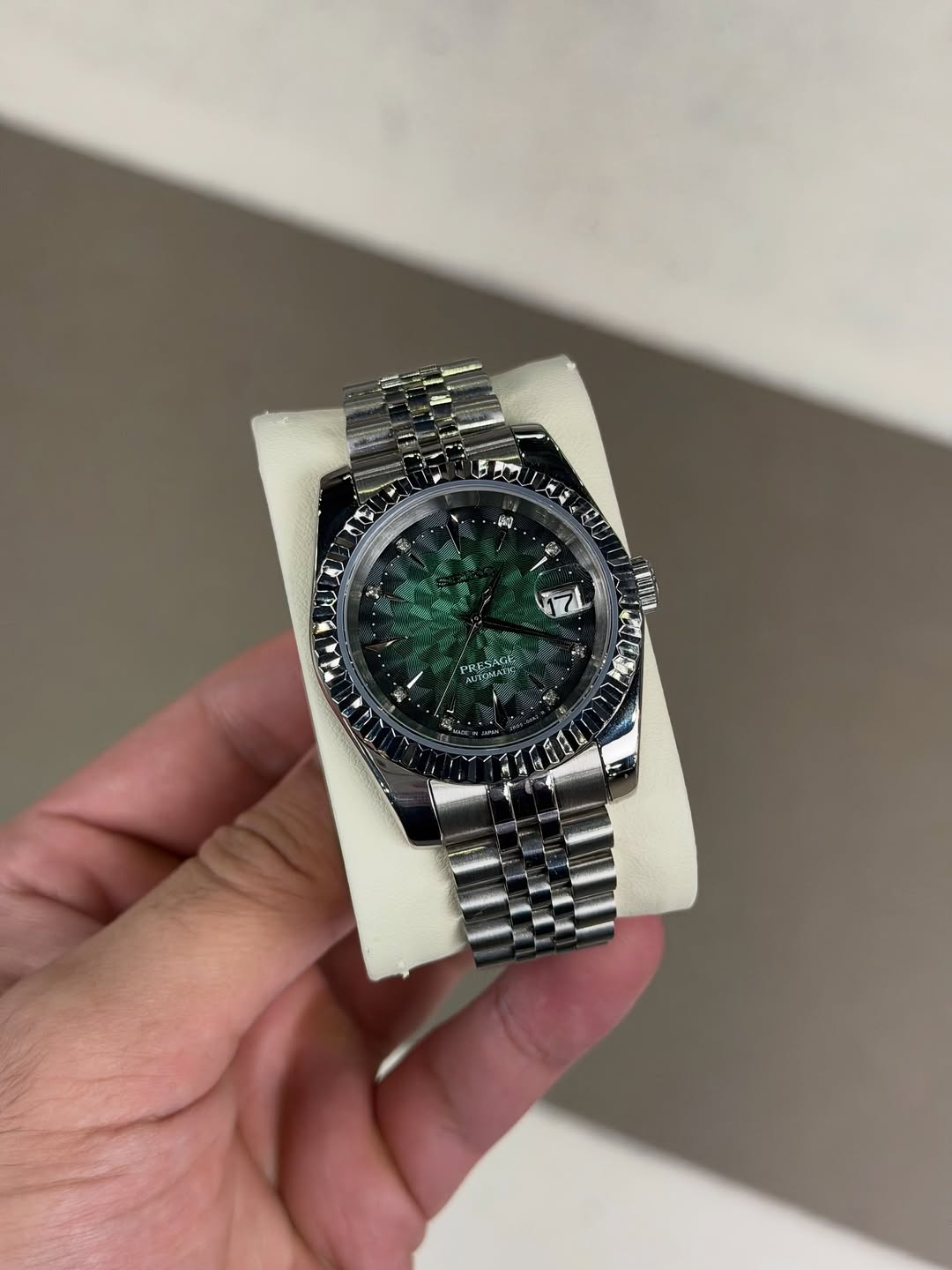 Geometric Mint Green Dial Seiko mod watch close-up with case and dial details