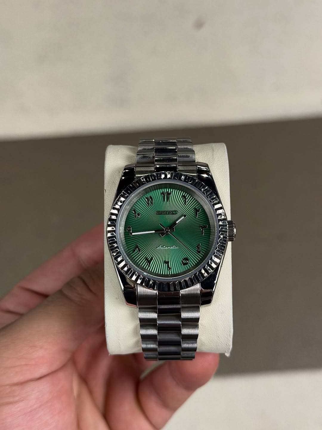 Forest Green Arabic Dial Seiko mod watch front view with detailed dial