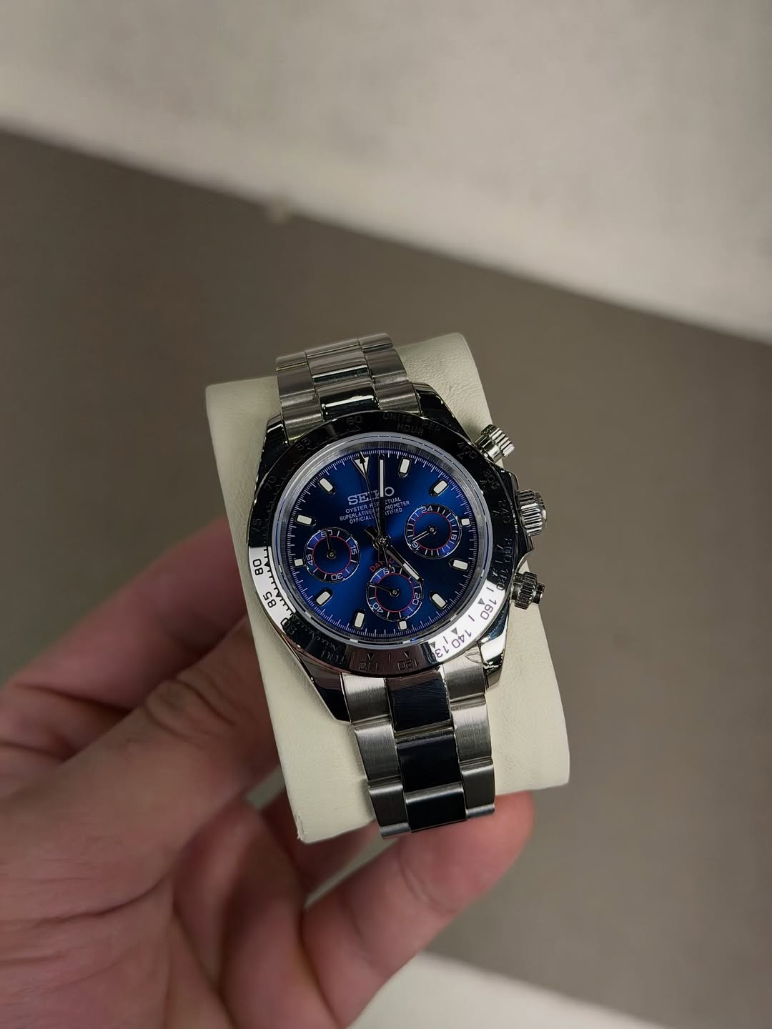 Dark Blue Chronograph Seiko mod watch close-up with case and dial details