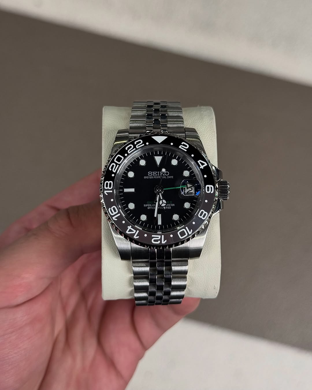 Ghost Shadow Gmt Seiko mod watch front view with detailed dial
