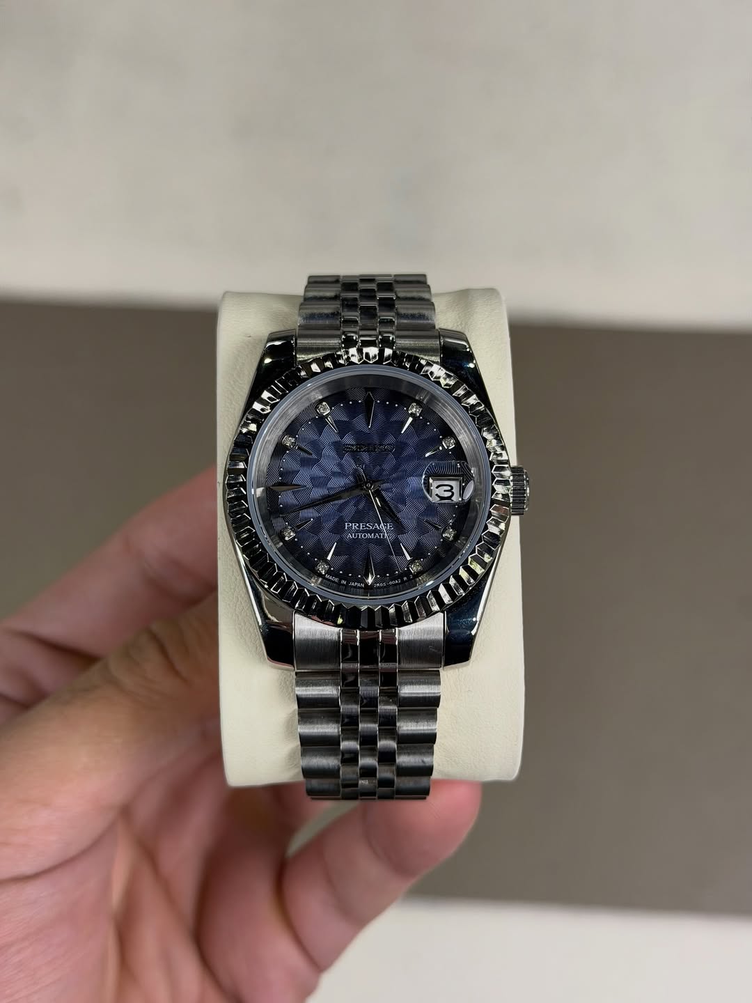 Geometric Diamond Dial Seiko mod watch front view with detailed dial