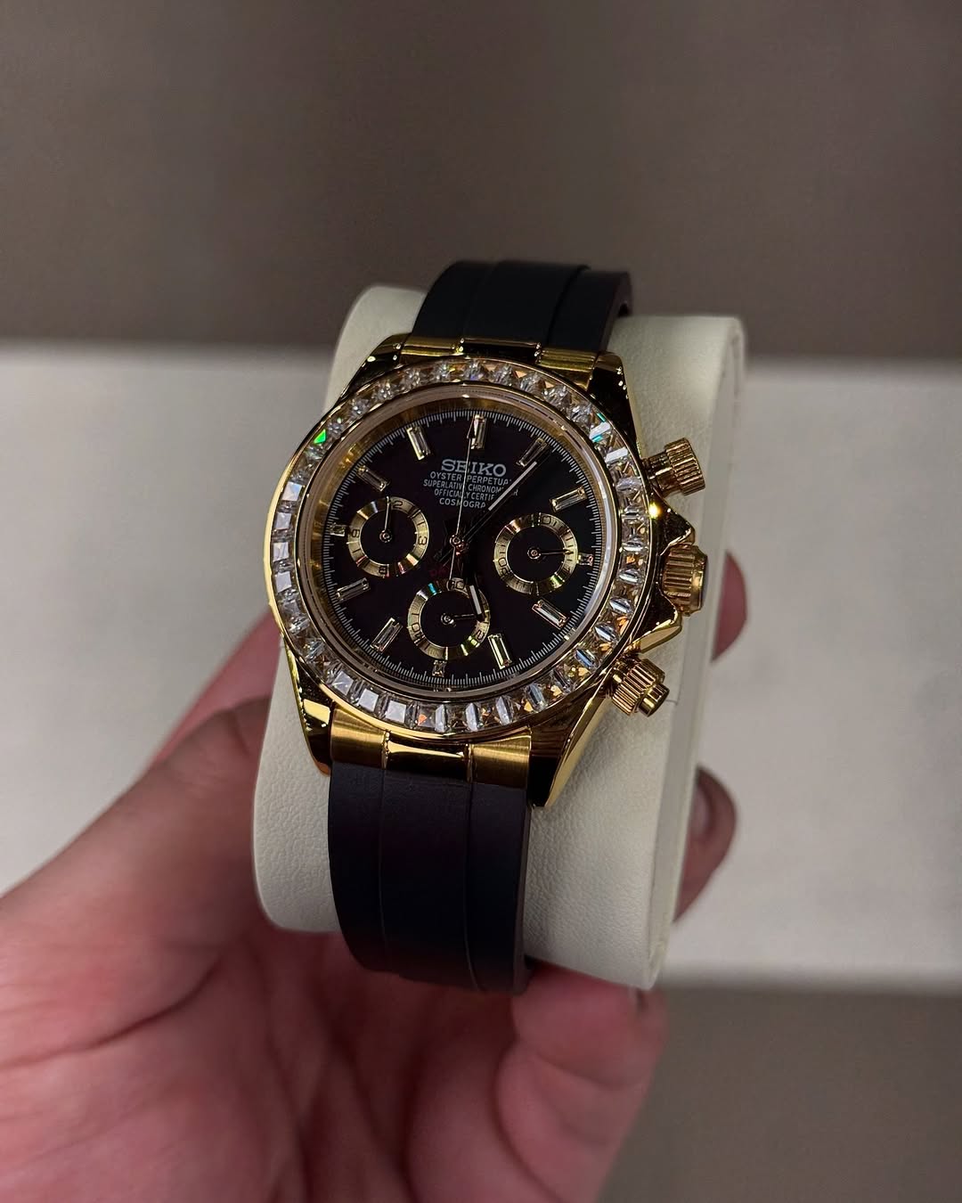 Gold Diamond Flex Chronograph Seiko mod watch close-up with case and dial details