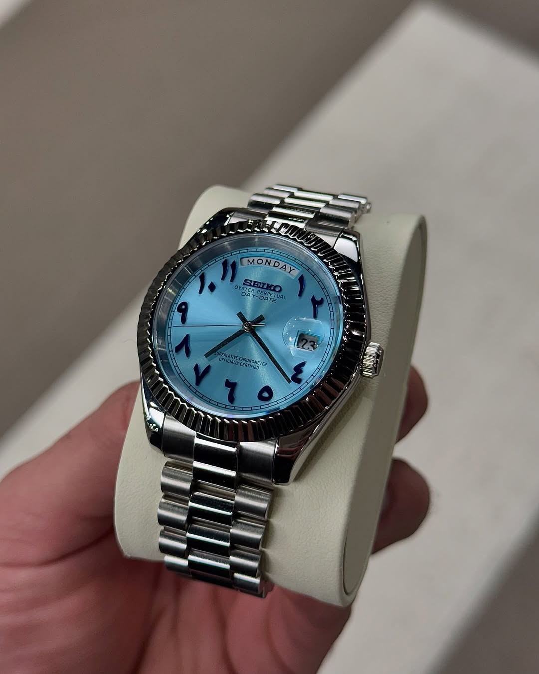 Tiffany Blue Seiko mod watch on wrist with luxury design