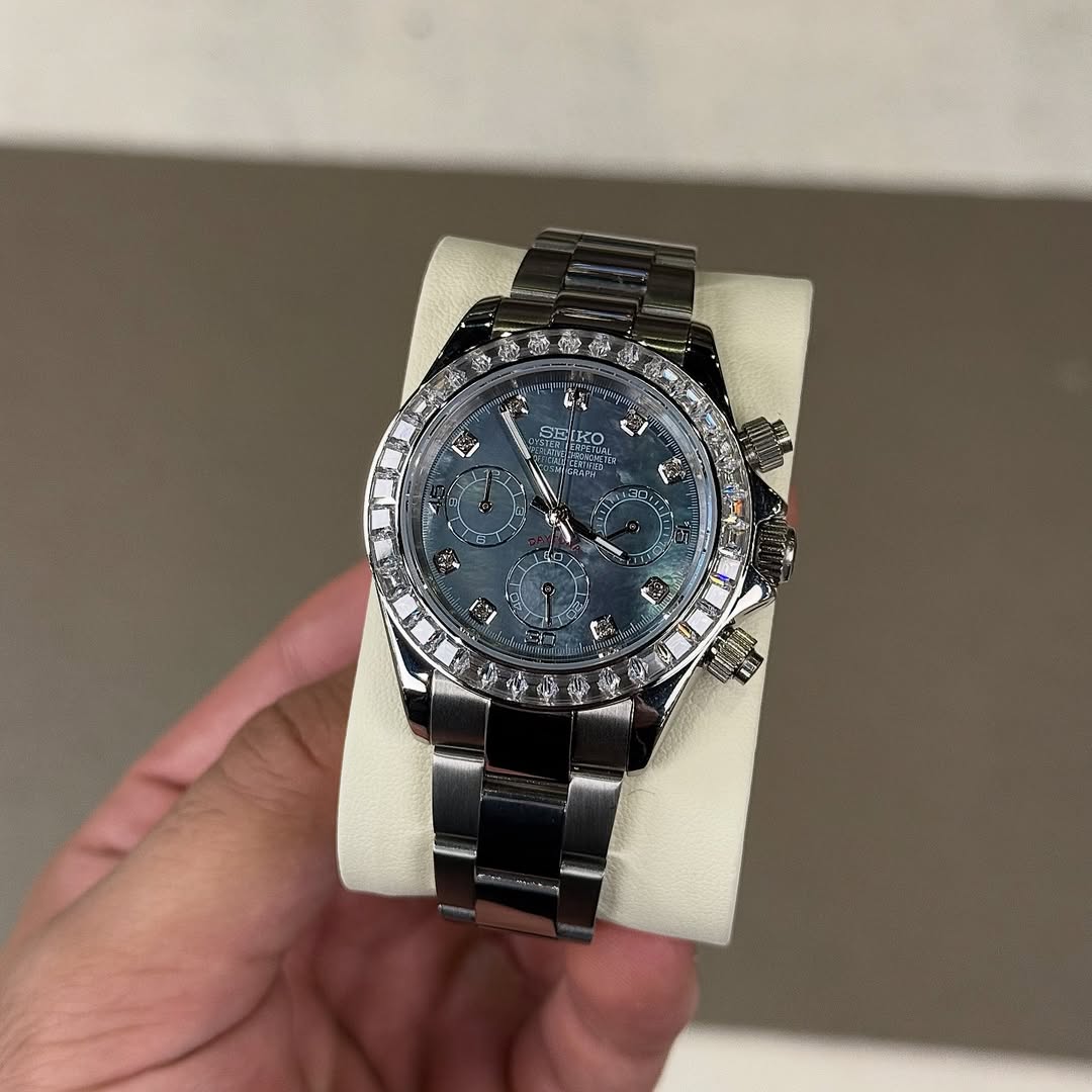 Pearl Diamond Chronograph Seiko mod watch on wrist with luxury design