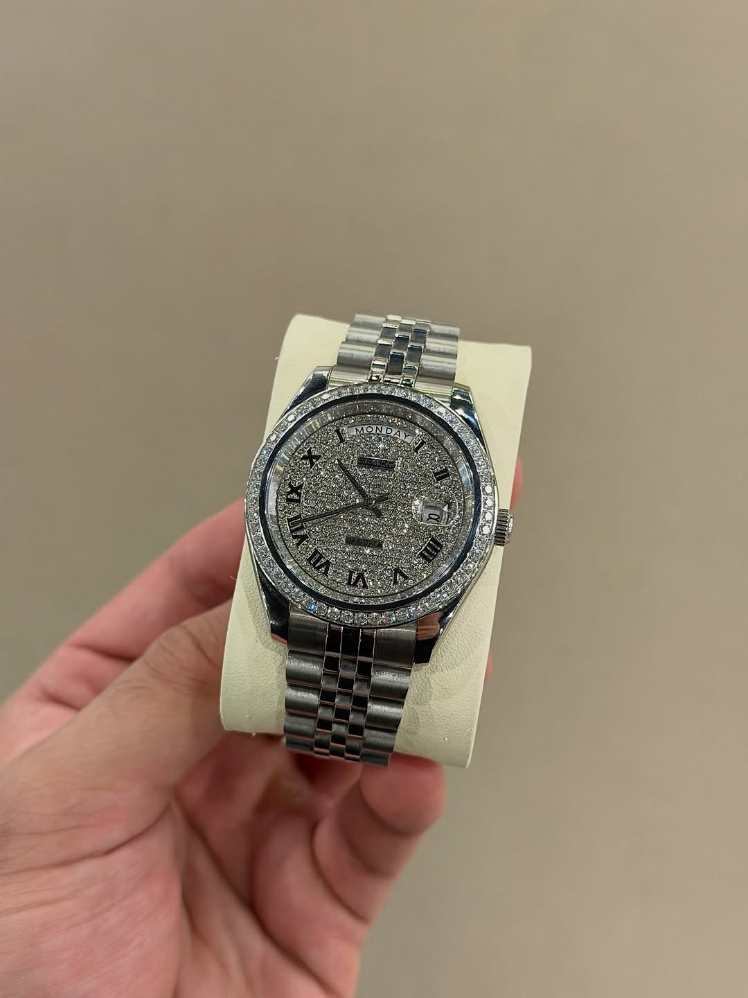 Frosted Seiko mod watch on wrist with luxury design